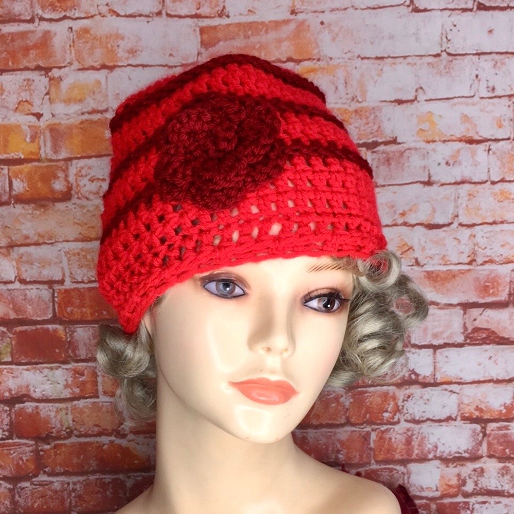 Handmade Red Floral Chunky Crochet Beanie